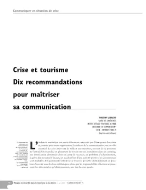 Crise et tourisme. Dix recommandations pour maÎtriser sa communication