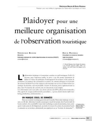 Plaidoyer pour une meilleure organisation de l'observation touristique