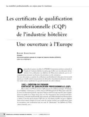Les certificats de qualification professionnelle (CQP) de l'industrie hôtelière. Une ouverture à l'Europe