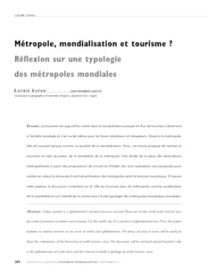 Métropole, mondialisation et tourisme ? Réflexion sur une typologie des métropoles mondiales