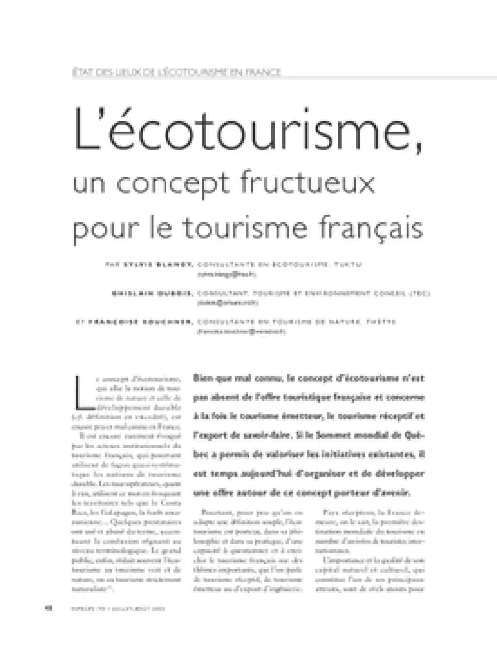 L'écotourisme, un concept fructueux 
pour le tourisme français