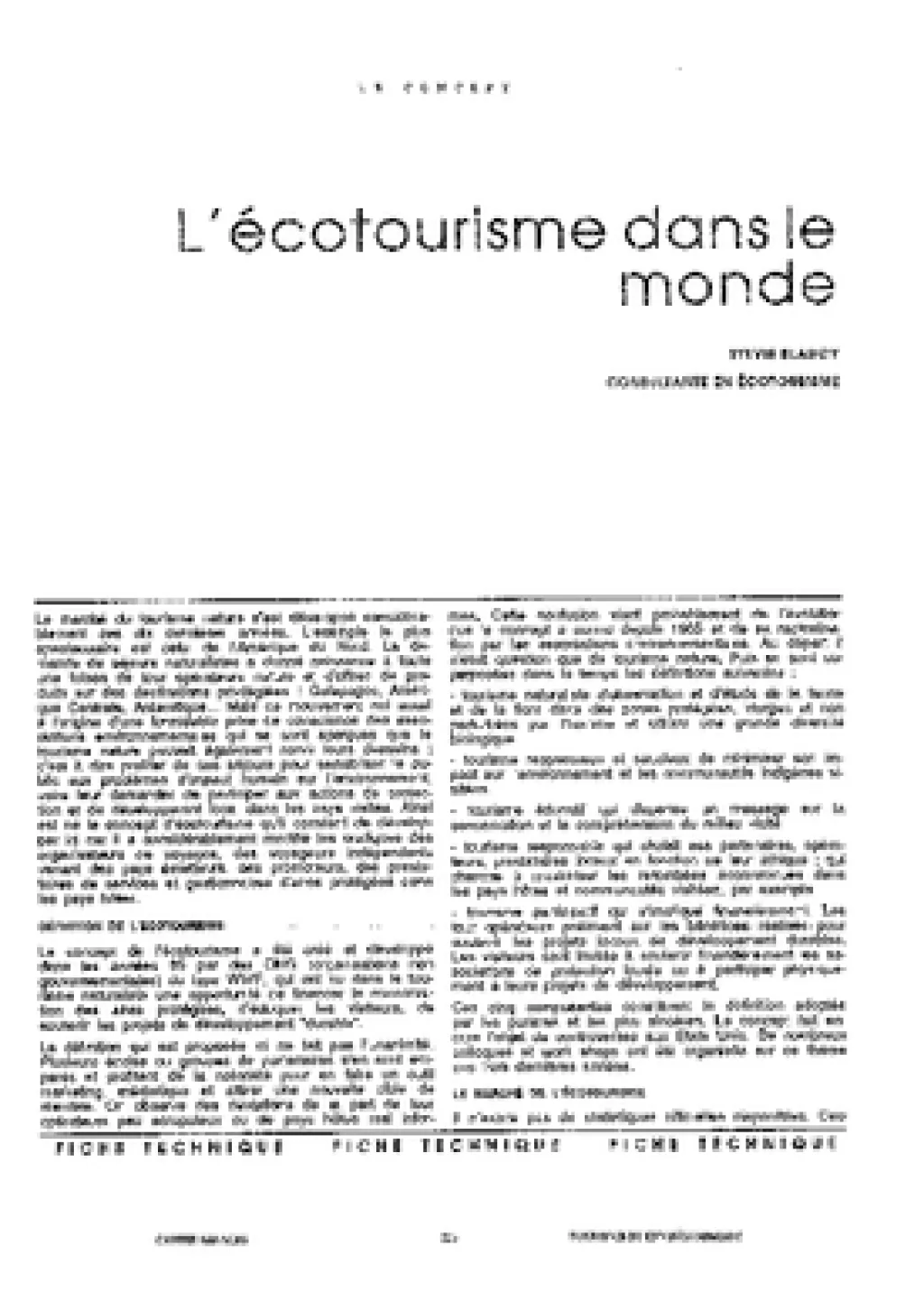 L'écotourisme dans le monde. Fiche technique
