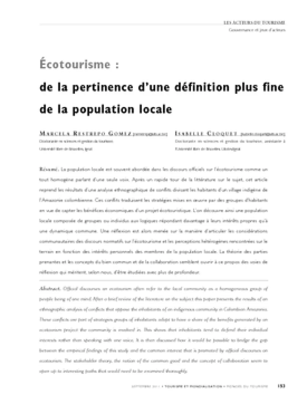 Écotourisme : de la pertinence d'une définition plus fine de la population locale