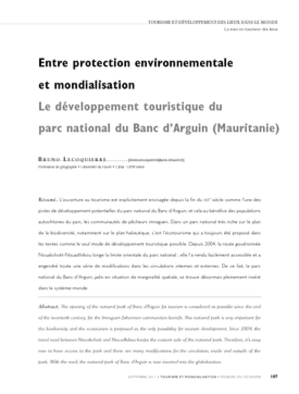 Entre protection environnementale et mondialisation. Le développement touristique du parc national du Banc d'Arguin (Mauritanie)