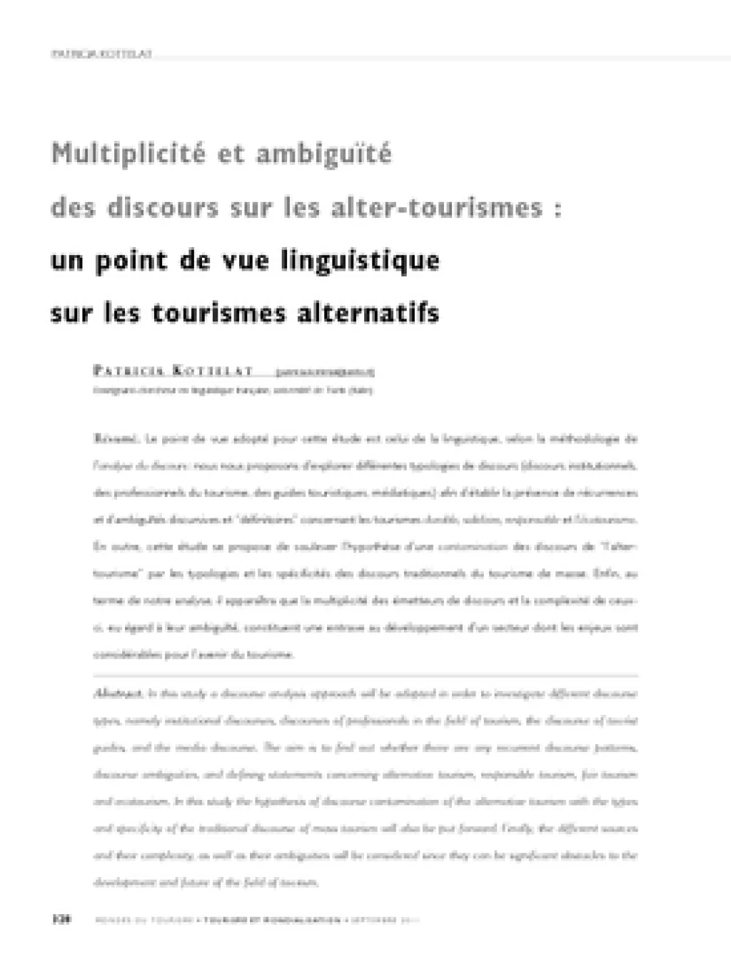 Multiplicité et ambiguïté des discours sur les alter-tourismes : un point de vue linguistique sur les tourismes alternatifs