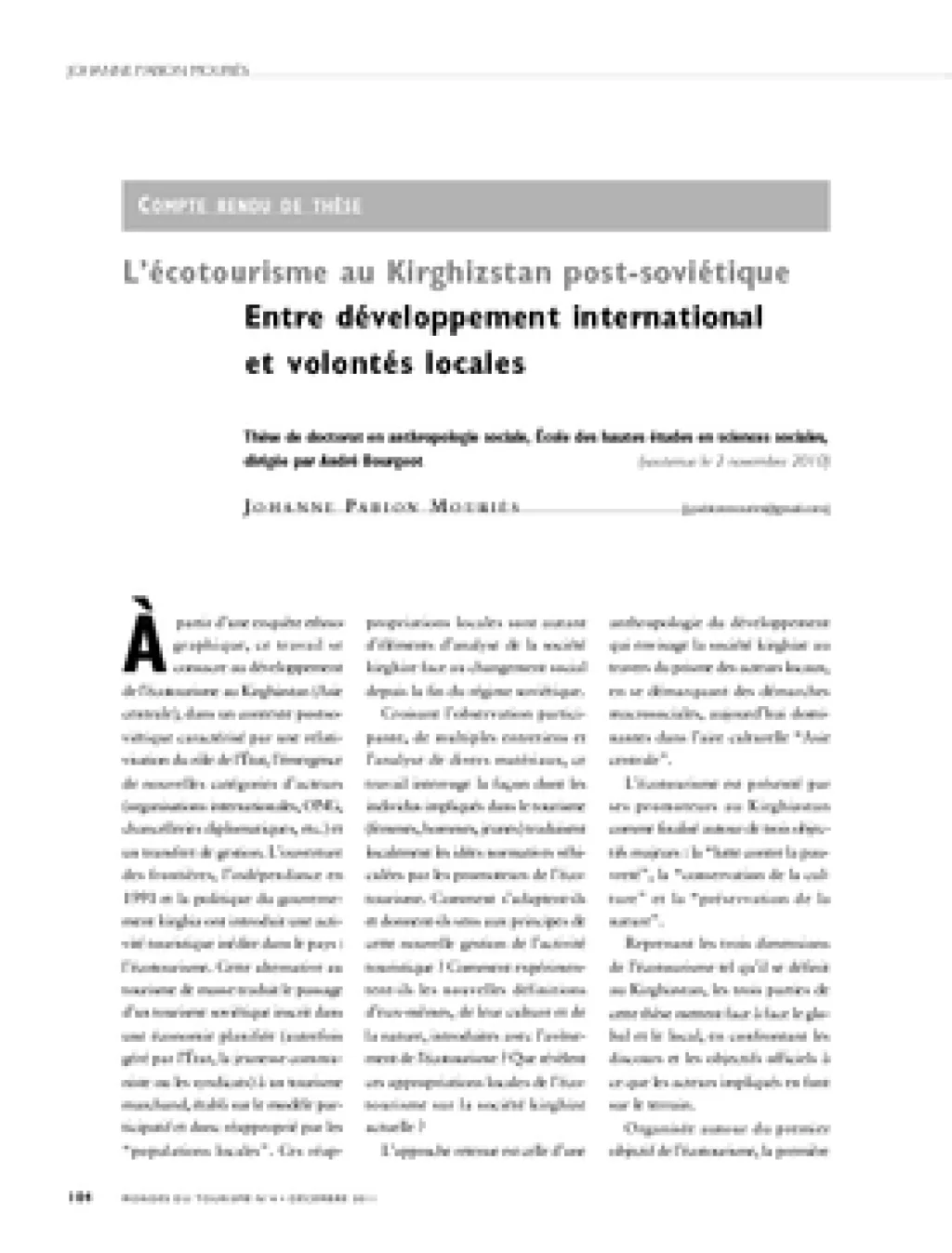 [Compte rendu de thèse] L'écotourisme au Kirghizstan post-soviétique. Entre développement international et volontés locales